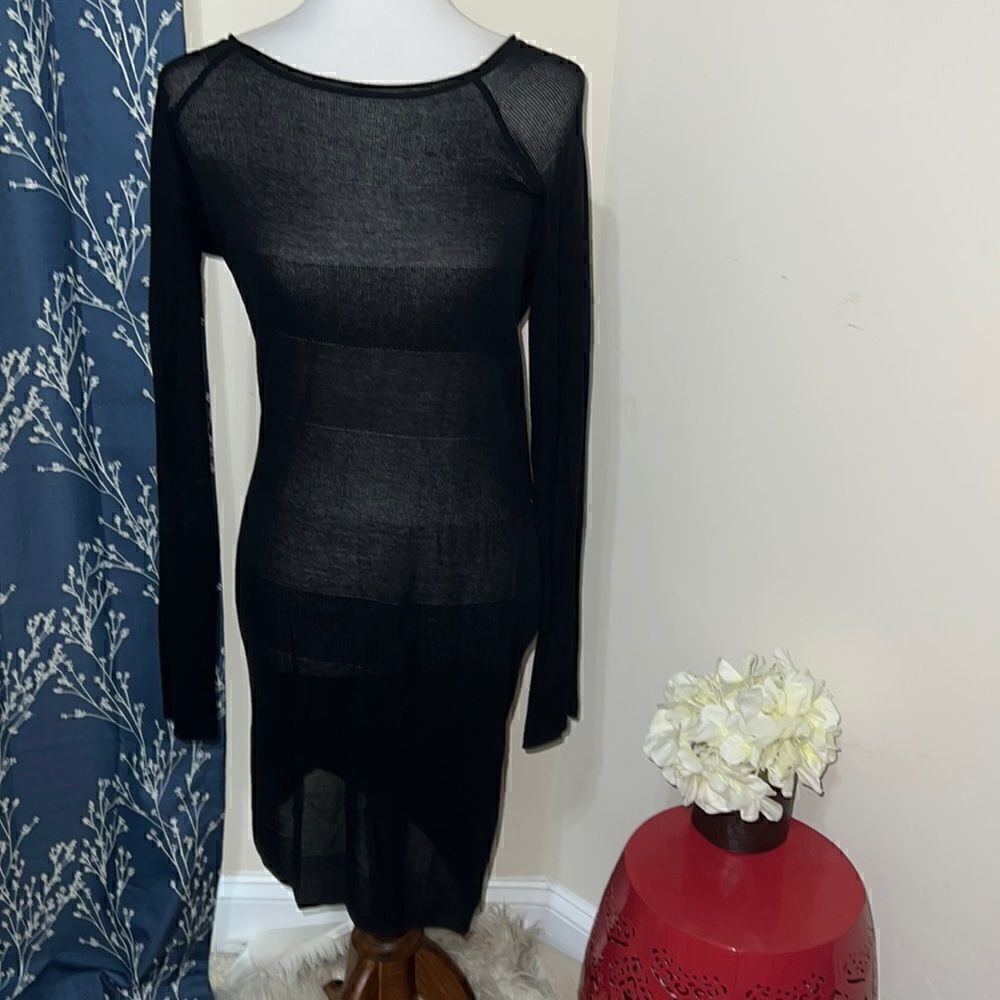 T by Alexander Wang Sheer Black Striped Long Sleeve Knit Shift Dress Sz S Small